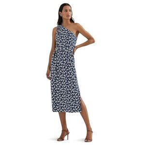 185$ Lauren Ralph Lauren Floral Belted Jersey One-Shoulder Dress Size 14 Navy